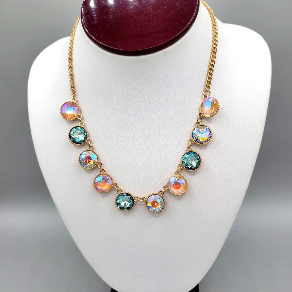 Gold Tone Metal Necklace Iridescent & Aqua Glass Beads 16 Inch Adjustable Chain